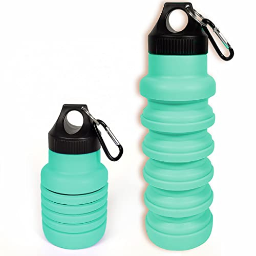 Kingmate Silikon Water Bottle Wasserflasche Getränkeflasche BPA-freies Auslaufsicher Fahrrad Sport Trinkflasche Faltbar Kohlensäure Geeignet 500ml Türkis mit Sport Deckel