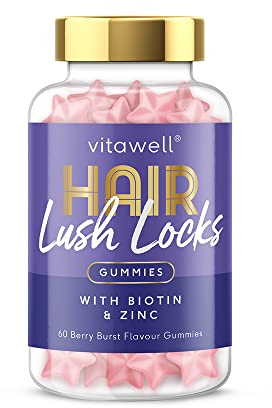 Vitawell Hair Lush Locks Gummies - Hair Growth + Skin + Nails Vitamins Chews | Complex Formula 5000µg Biotin + Zinc + Vitamin A, D3, C, B12 | 60 Berry Burst Flavour | Supplement for Men & Women