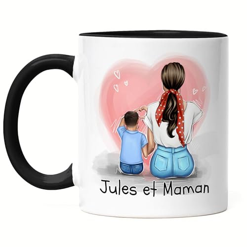 Kiddle-Design Mère Fils Tasse Noire Fête des Mères Personnalisée Nom et Coiffure Maman et Fils Cadeau Enfants Tasse à Café pour Mères Cadeau