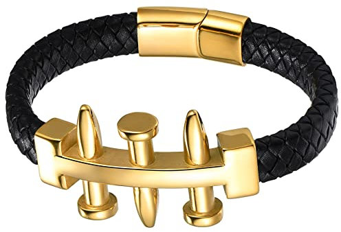 JewelryWe Men's Novelty Punk Rock Nail Bracelet Stitching Braided Leather Cuff Wristband with Magnetic Clasp