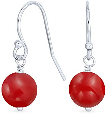 Einfache Schlichte Edelstein Gefärbte Rote Natürliche Korallenkugel Runde Tropfen Ohrringe Für Frauen Teenager.925 Sterlingsilber
