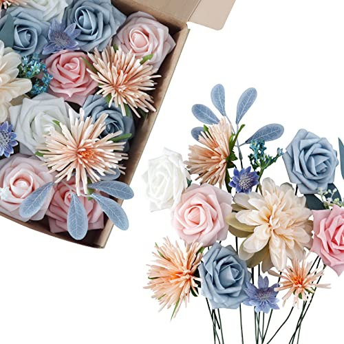 Fouriding Künstliche Blumen, Kunstblumen Gefälschte Rosen Combo DIY für Blumenarrangements, Blumensträuße, Hochzeitsdekoration,Zuhause Dekoration (Pink Blau)