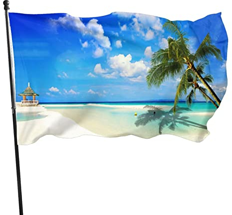 Garten Banner Flagge Hawaii-Landschaft Flaggen und Fahnen für Hinterhof Party Heimdekoration Flaggen mit Strandlandschaftsmuster am Meer Flagge Landschaft Motiv Gartenflagge Lustige Flagge 90x150 cm