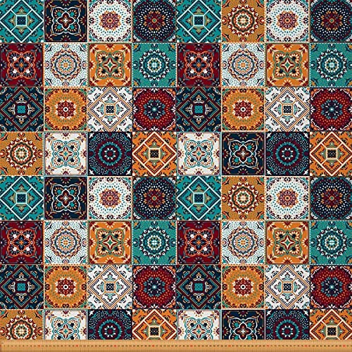 Exotischer Stoff Meterware Ethnischer traditioneller Karo Mandala Muster Möbelstoff Dekorativer Boho Blumen Stoff für den Außenbereich Heller Farb Möbelstoff für Stühle 92x150cm Blaugrün