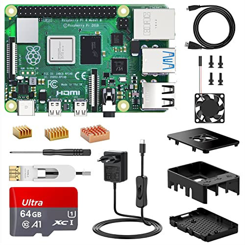 NinkBox Raspberry Pi 4 Modello B, RPi Barebone 8GB RAM + ROM 64GB, Starter Kit:Alimentatore 5.1V / 3A con Interruttore, Ventola, 2 Cavi Micro HDMI,dissipatore di Calore