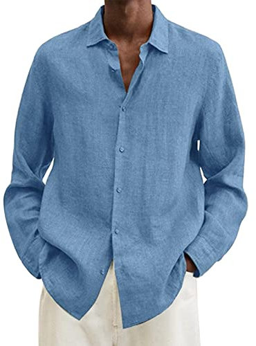 2023 New Male Summer Cotton Linen Solid Casual Plus Size Loose Shirt Mens Turn Down Collar Long Sleeve Shirt Denim Shirt Jacket (Light Blue, L)