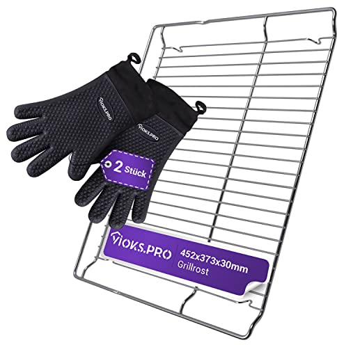 Vioks.pro Set Backofenrost 452х373х30mm Ersatz für Bosch 00577170 Gitterrost für Backofen mit 2x Silikon Ofenhandschuhe Hitzebestaendig für Backofen