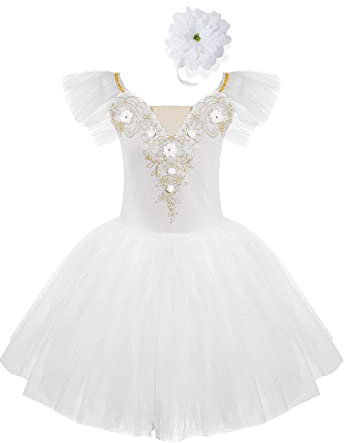 TiaoBug Mädchen Ballettkleidung 3tlg.Set Ballettkleid+Handschuhe+Haarband Kinder Ballettanzug Ballett Trikot Tanz Kostüm Tütü Kleid 104 110 116 122 128 140 152 Weiß M 98-104