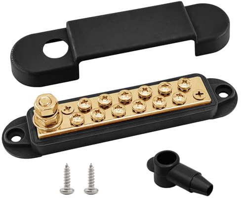 1/4 Stud & 12 x #8 Terminal Schrauben Ground Distribution Block Bus Bar, Ampper 5,3 12V Messing Batterie BusBar Junction W/Abdeckung für Auto Boot Solar und mehr (Schwarz)