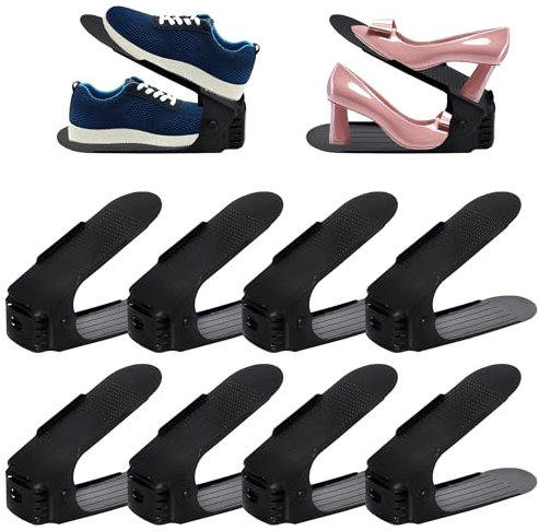 SUBTLETY Einstellbare Schuhstapler 10 Stück PP Schuhregale Höhenverstellbar Schuhorganizer Rutschfest Doppelschicht Schuhe Organisierer Schuhaufbewahrung Platzsparend Schuhschlitze Set (Schwarz)