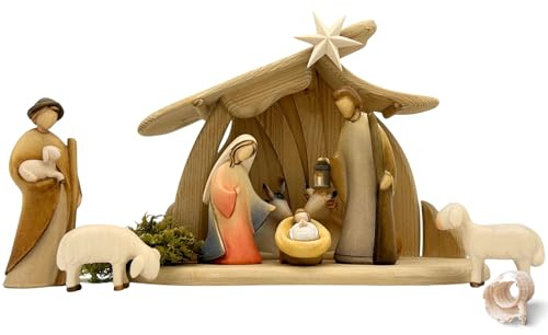 Akantus Leonardo Weihnachtskrippe aus Holz: 8er Set mit Stall HL.Nacht klein bemalt (13 cm)