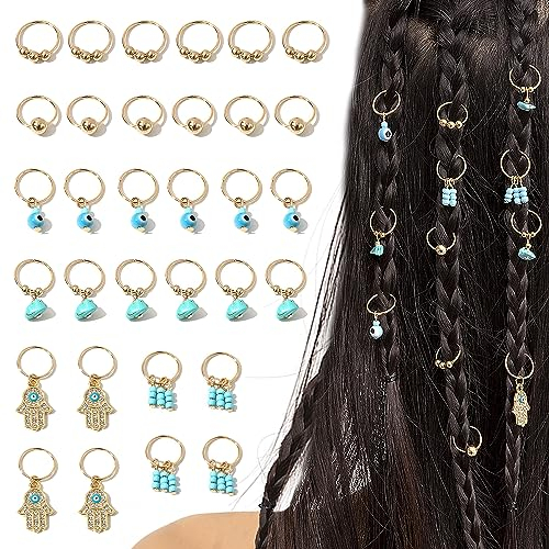 XCSJ 32 Pcs Haarringe Dreadlocks Schmuck Haarringe für Zöpfe Haarschmuck Gold Festival Haarschmuck Ringe Haarringe Zopf Ringe Haar Ringe Hair Accessoires für Kinder, Mädchen, Damen, Kopfbedeckung (A)