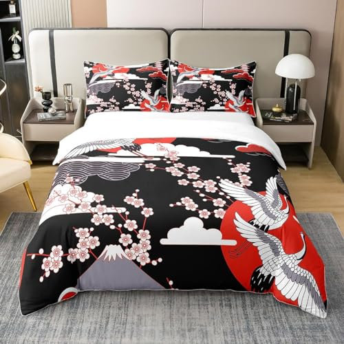 Bettbezug, 100 % Baumwolle, Schädel, japanisches Bettwäsche-Set, Bettwäsche 220 x 240 cm, für Erwachsene, Damen, Mädchen, mit Kirschblütenmotiv, japanische Tagesdecke, mit traditionellen Motiven,