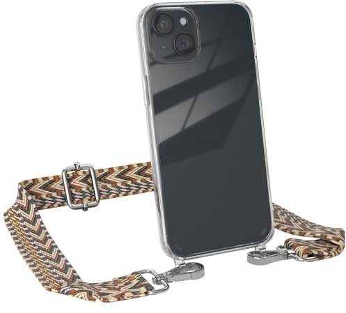 EAZY CASE Handykette - Verstellbares Taschenband kompatibel mit iPhone 15 Plus, Schulterriemen, Handykordel mit Silikon Hülle, Umhängetasche, Braun Silber