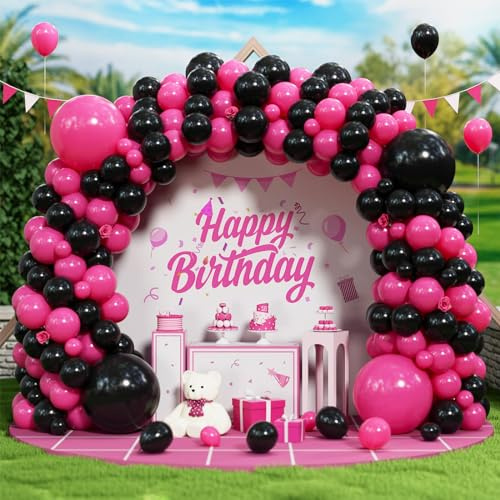 Hot Pink Black Balloons, 138pcs Matte Rose Red Black Latex Balloon Garland Arch Kit for Girls Women Birthday Wedding Bridal Baby Shower Engagement Valentine Anniversary Graduation Party Decorations