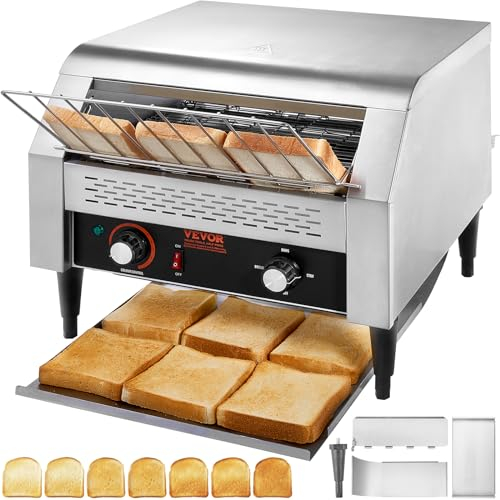 VEVOR Tostapane a Nastro Uso Commerciale Tostapane da 450 Fette all'Ora, Tostapane in Acciaio Inox 2600W, Tostiera per Pane 7 Impostazioni di Velocità con Vassoio, Tostapane a Nastro in Acciaio Inox