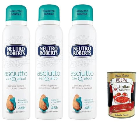 Neutro Roberts, Deodorante Asciutto Spray Iris und Mandel, Ohne Alkohol und mit Rockalaun, Anti-Schweiß-Geruch, Deodorant Unisex 3x 150ml + Italian Gourmet polpa 400g