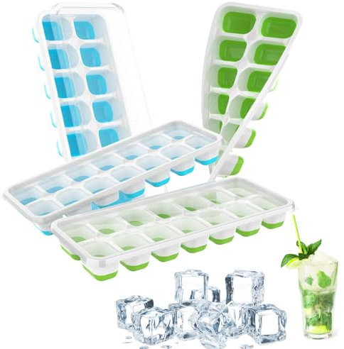 4 Packs Ice Cube Trays, Ice Cube Moulds with No-Spill Removable Lid, Easy-Release Silicone and Flexible Ice Trays for Freezer, Whiskey, Cocktail and Drink
