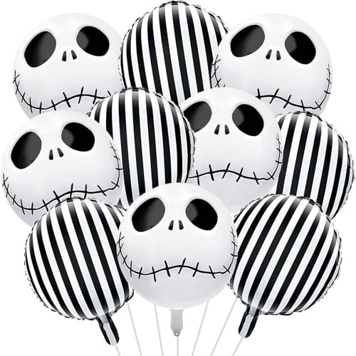 Jobkoo Halloween Balloons Decorations 18 Inch Skull Black and White Striped Mylar Foil Balloon Skeleton Balloons for Halloween Birthday Spooky Baby Shower Party Decoration