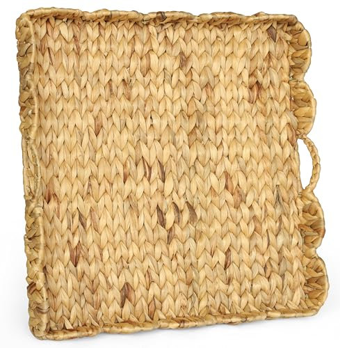 Extra Large Square Ottoman Table Tray 19.7 with Handles - Water Hyacinth Wicker Serving Wicker Tray for Farmhouse Decorative Oversized Coffee Table Living Room Kitchen Counter Breakfast Scalloped
