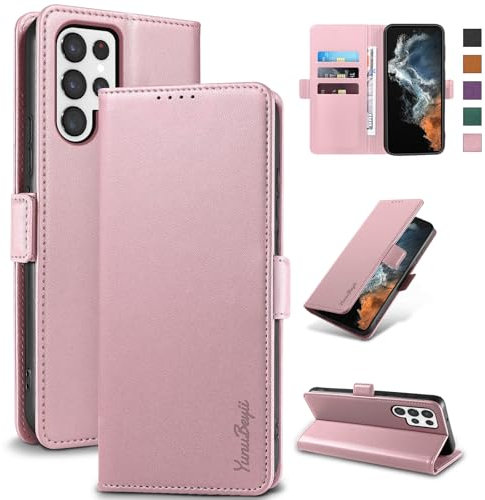 Yunubeyii Handyhülle für Samsung Galaxy S22 Ultra 5G - [RFID Blocker] Hülle Luxus PU Leder Kartenhülle Magnetverschluss Klapphülle mit Ständer,Stoßsicher Schutzhülle,Rosa