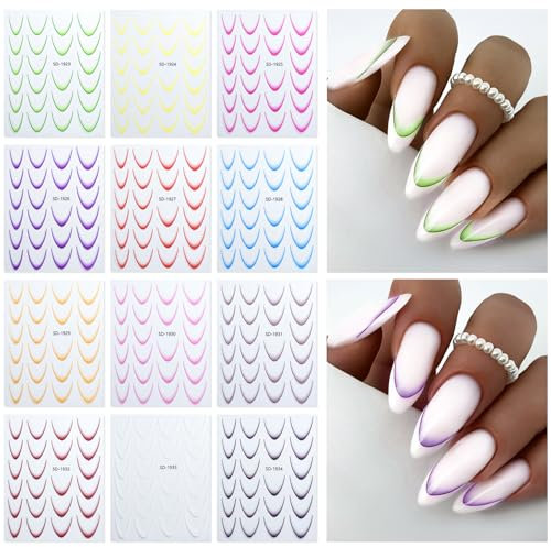 GZMAYUEN 12 Farben Französisch Nagelsticker 3D French Farbe Verlauf Nagelsticker Selbstklebend Nagelaufkleber Nageldesign Nägel Zubehör