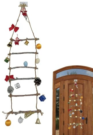 Árbol de Navidad de pared con luces, árbol de pared decorativo, árbol de escalera de pared festivo, adornos montados en la pared, árbol de Navidad de madera esmerilada, árbol de Navidad artificial
