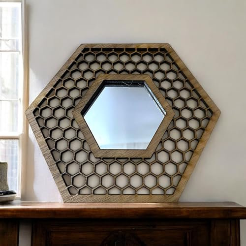Super Cool Creations Sechseckiger Spiegel mit Holzrahmen und Wabenmuster, 30 cm