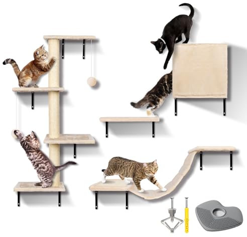Zvonema Kletterwand Katzen, Katzen Wandelemente, 10-Teilig Kletterwand Set, Stabiler Holz Katzenmöbel, Katzenwand mit Große Hängebrücke, Kratzbaum, Katzenhaus, Plattform, für mehr Spielspaß