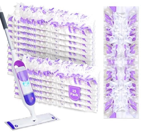 Disposable Power Mop Pads Refills for PowerMop,Multi-Surface Mopping Pad Refills for Floor Cleaning (White & Purple, 15 Pack)