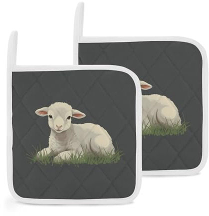Topflappen 2er Set Lamm im Gras Küche Topflappen Ofen Hot Pads mit Aufhängeschlaufen Beständige Topflappen Ofen Hot Pads für Küche Kochen Backen BBQ