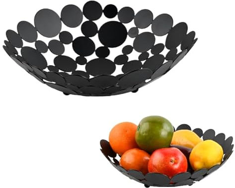 Dokeno Obstschale, Obstkorb Metall, Obst Aufbewahrung, Früchtekorb, Obstteller, Obstschüssel für Gemüse, Snacks, Brotkorb, Dekoration, Rund, Schwarz, Modern Design, 29 x 29 x 9 cm
