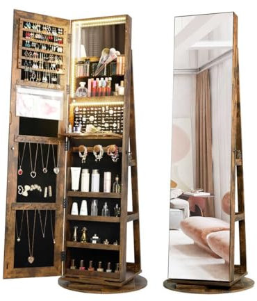 360° drehbarer Standspiegel, Schmuckschrank mit LED-Lichtern, abschließbarer Schmuckschrank mit Ablage, Ganzkörperspiegel mit Stauraum für Schlafzimmer, Badezimmer