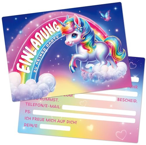BETESSIN 12x Einhorn Einladungskarten Kindergeburtstag Mädchen - Einhorn Geburtstag Einladungskarten mit Regenbogen Motiv - Geburtstagseinladungen Mädchen