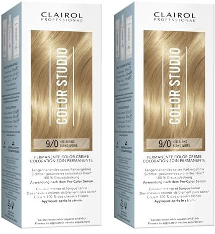 Clairol Professional Color Studio Permanente Haarfarbe Hellblond 9/0 (110 ml) – mit Metal-Purifier für 6 x weniger Haarbruch, 10 Wochen sattes Farbergebnis & 100% Grauabdeckung – inkl. Haarkur
