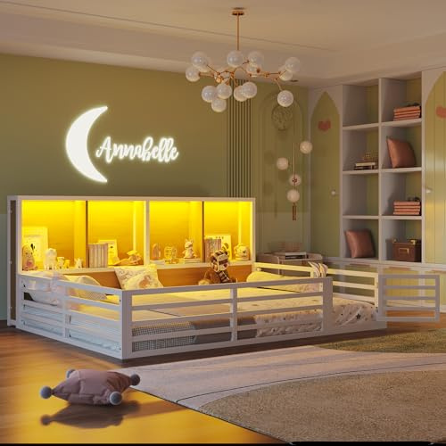 Oxtao Kinderbett Bodenbett 140x200 mit Rausfallschutz & Lattenrost, Montessori Bett Hausbett mit 4 Staufächer & LED-Beleuchtung & Tür, Gitterbett Metallbett Bettgestell Spielbett (Weiß, 140x200CM)