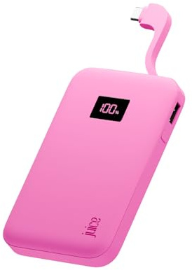 Juice Eco Integrated Power Bank, Portable Charger 5,000 mAh with Built-in Cable & Digital Display, USB-C Output, Power Bank for iPhone 15 16 17 Pro Max, Samsung, Xiaomi, DJI Osmo Pocket 3 - Pink