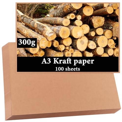 LDHHYH 100 Blatt Kraftpapier A3, 300g/m² Bastelkarton Naturbraun, Kartonpapier, Extra Dickes Recycling Papier für Scrapbooking, Hochzeitskarten & Modellbau – 29,7 x 42 cm