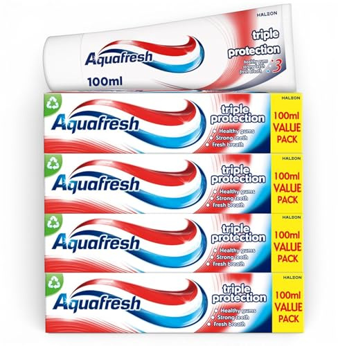 4 x 100ml Aquafresh Triple Protection Fluoride Toothpaste Family Size – 3-in-1 Care for Strong Teeth, Healthy Gums & Fresh Breath – Enamel Strengthening with Active Minerals