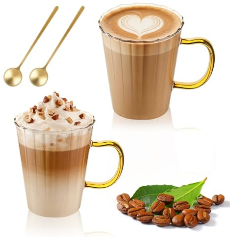 LOOFORE Glass Coffee Mugs, 350ml Glass Coffee Cups with Spoon, Set of 2 | Borosilicate Glass Mug with Handle, Bpa Free, Latte Glasses for Cappuccino, Macchiato, Tea, Milk, Juice, Cold & Hot Beverages