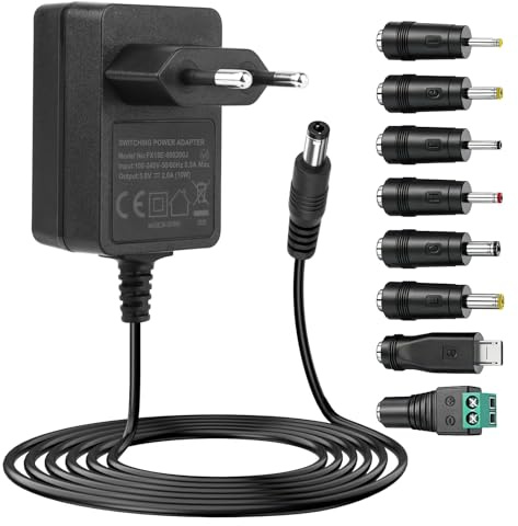 Adaptador de Corriente AC DC 5V 2A para Cámara CCTV Tira LED TV Box Router | Cargador Transformador con 8 Conectores AC 220V-240V a DC 5V 2000mA 1500mA 1000mA 500mA, 10W Max