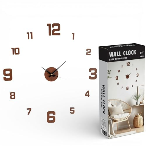 MIJOMA DIY Wanduhr mit Zahlenstickern – Moderne Wanduhr in Holzoptik – Leise, Batteriebetrieben, Große 3D Ziffern – Minimalistische Uhr zum Kleben für Wohnzimmer & Büro (Holzoptik dunkel)
