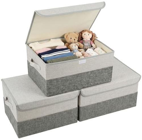 zxevg Storage Boxes 3 Pack Stackable Foldable with Lids White | Collapsible fabric storage box with lid & handle. Foldable wardrobe organiser for closet, bedroom, office & shelves