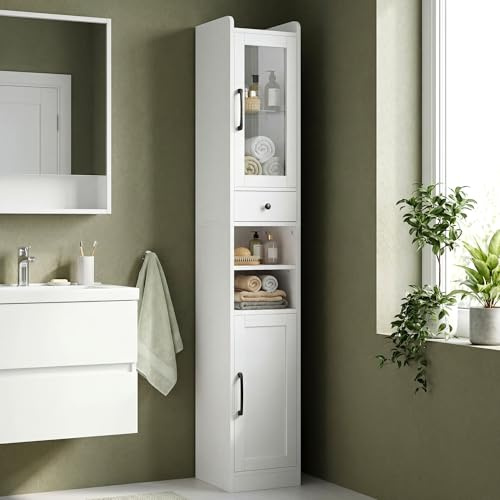 IRONCK Badezimmerschrank, Badschrank, 180 cm Hoch Schmaler Aufbewahrungsschrank mit Schublade, verstellbaren Ablagen und Toilettenpapierhalter, für Kleine Räume, Weiß, 30×30×180cm