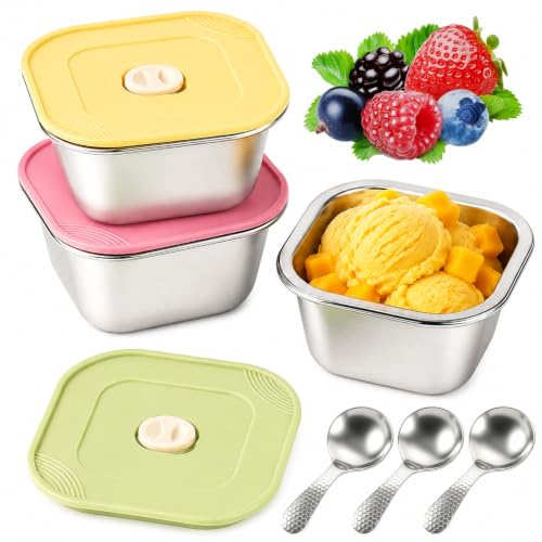 CAINCAY Eisbehälter für Speiseeis, 3 Stück 400ml Edelstahl Eisbecher mit Silikondeckeln und Löffel, Wiederverwendbare Eis Behälter Eiscreme Behälter für Eiscreme Joghur Snacks