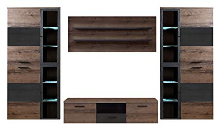 FORTE Durango Wohnwand mit 5 Türen, 3 Glastüren und 1 Schublade, Holzwerkstoff, Schwarz Eiche/Schlammeiche, 203 x 296 x 52 cm