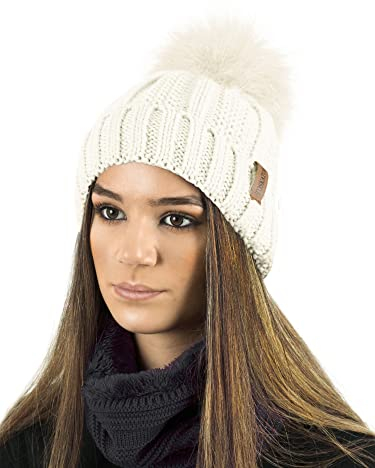 TOSKATOK® Damen-Frauen Winter-Rib Perlmuster Beanie Bobble Hut mit Warm Cozy Fleece Liner & Große Kunstpelz mit Bommeln-Cream-Hat