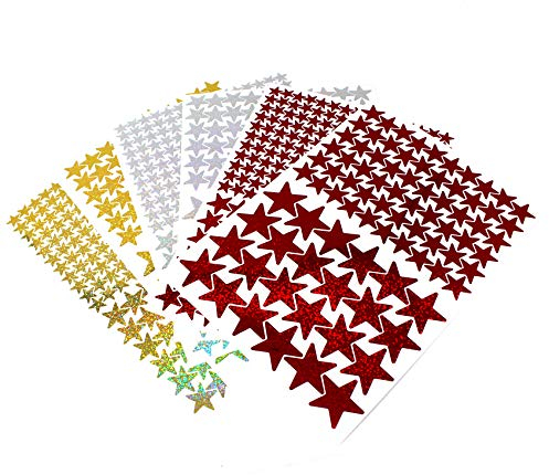 927 Sterne Aufkleber Set Sticker Deko Folie selbstklebend Glitter Hologramm Oilslick Bastelmaterial zum Basteln (3er Set - Flakes Gold - Flakes Silber - Flakes Rot K016)