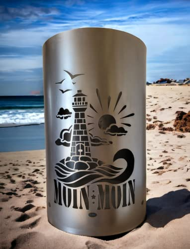 TiKo-Design Feuertonne - Lagerfeuertonne - Feuerkorb mit Leuchtturm Moin Moin Motiv – Verleihen Sie Ihrem Garten EIN besonderes Ambiente für unvergessliche Abende mit ihren Freunden