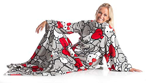 Kanguru Kuscheldecke mit Ärmeln und Bauchtasche | 140x180 cm Ultra Soft Sofadecke| Wohndecke Fleece Hello Kitty Grau Rot Weiss